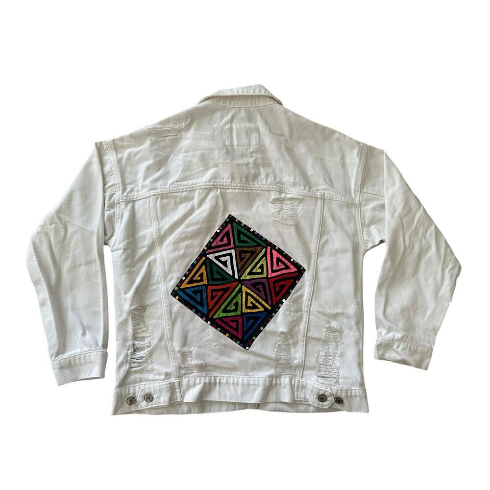 Forever 21 Light Wash Geometric‎ Denim White Trucker Jacket Women's Size Medium